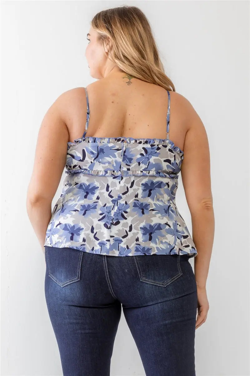 Plus Floral Print Woven Ruffle Sleeveless Back Zipper Tank Top Taylor Rouge