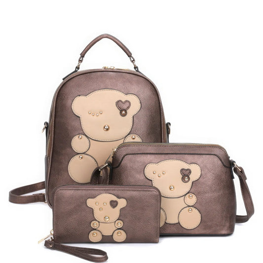 3in1 Cute Bear Design Handle Backpack W Crossbody And Wallet Set Taylor Rouge