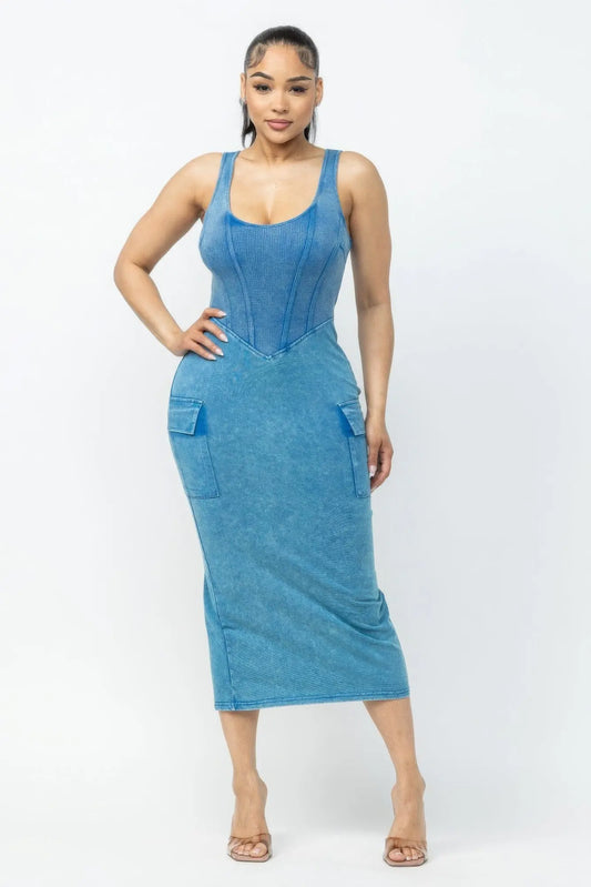 Acid Washed Cargo Midi Dress Taylor Rouge