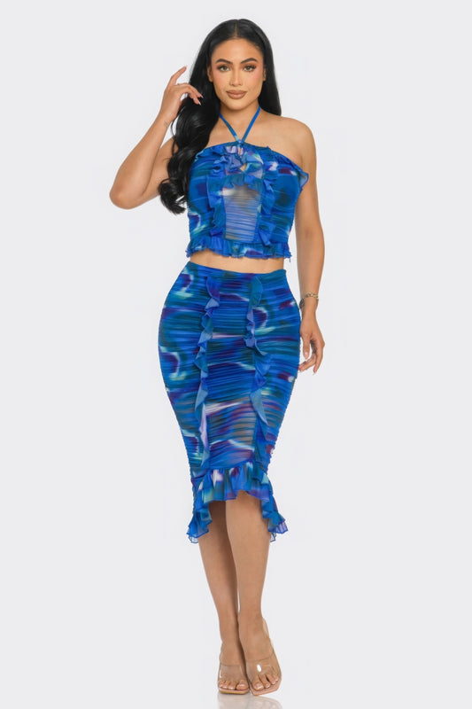 Tropical Waters Print Mesh Ruffle Halter Skirt Set - Taylor Rouge