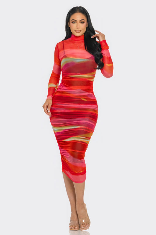 Glitch Print Mesh Ruched Midi Dress - Taylor Rouge