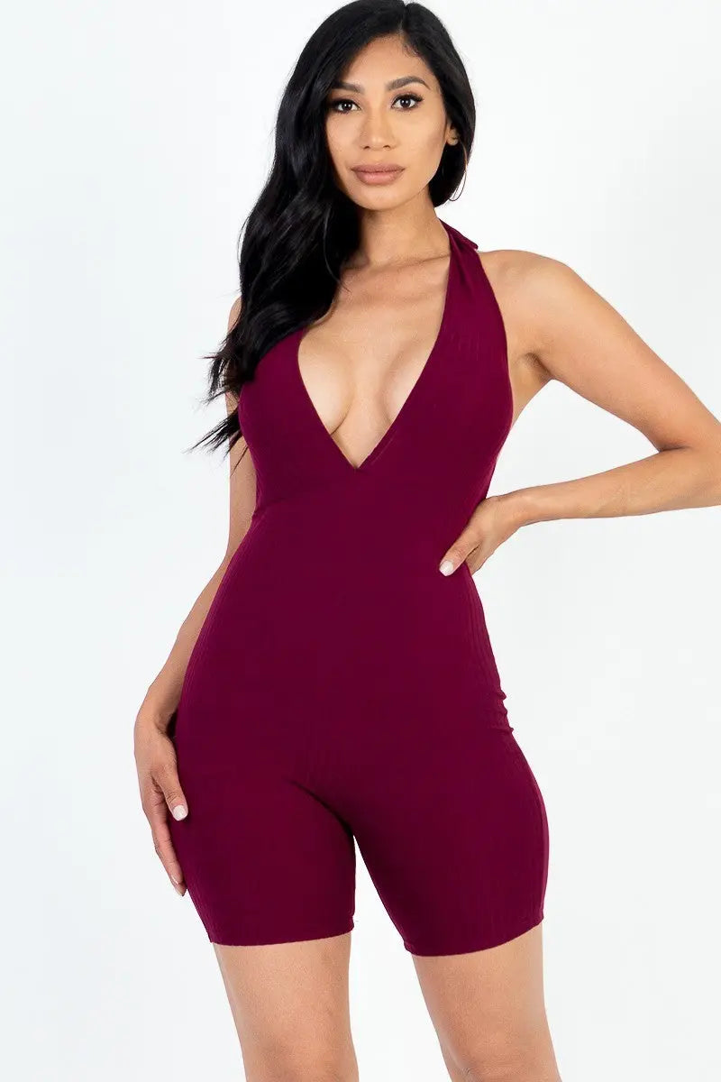 Casual Solid Halter V Neck Ribbed Bodycon Romper Taylor Rouge
