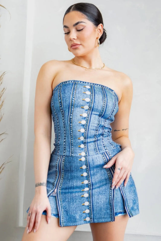 Denim Effect Corset Top & Bottom Set Taylor Rouge