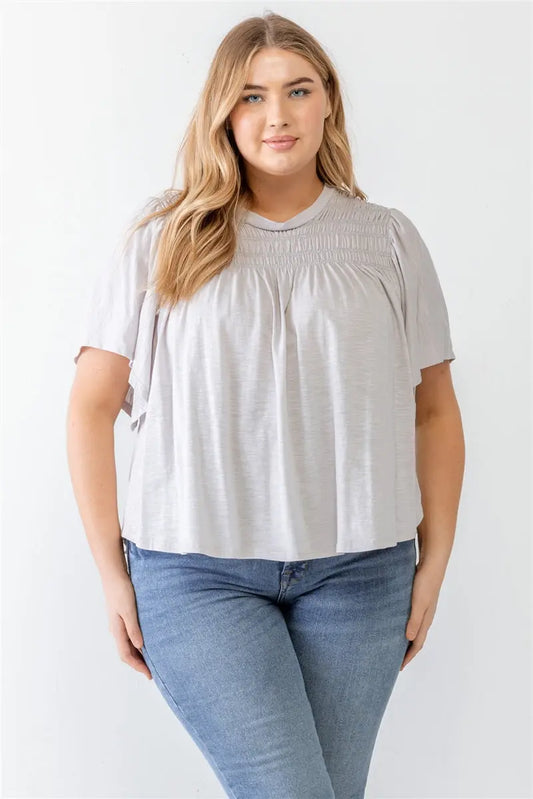 Plus Grey Cotton Blend Smoked Short Sleeve Top Taylor Rouge