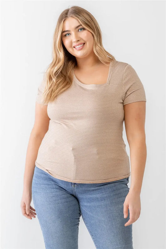 Plus Taupe Waffle Knit Angled Neck Short Sleeve Top Taylor Rouge